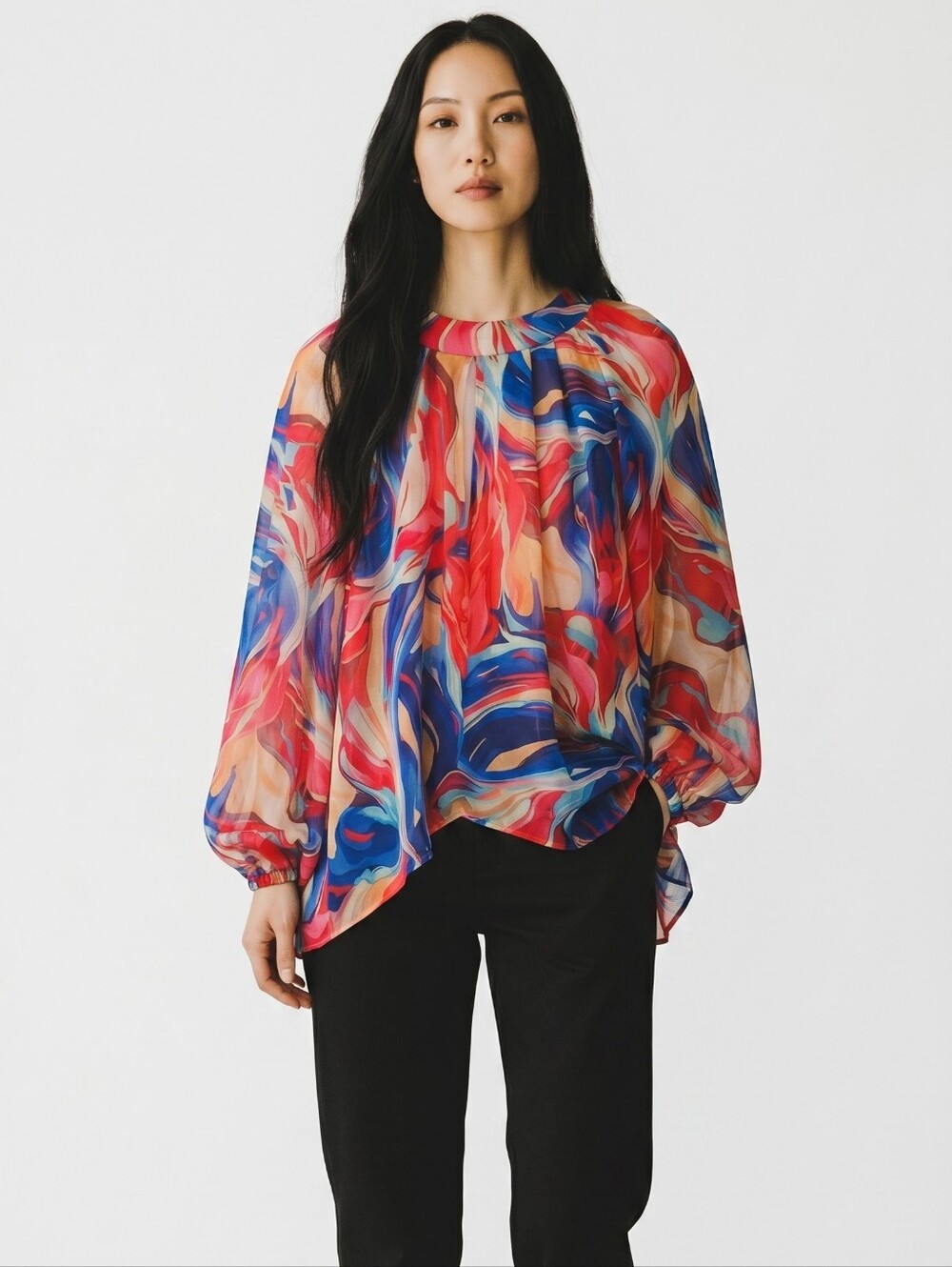 Vibrant Multi-Color Swirl Blouse Lightweight Long Sleeve Boho Abstract‎ Print - Picture 3 of 10